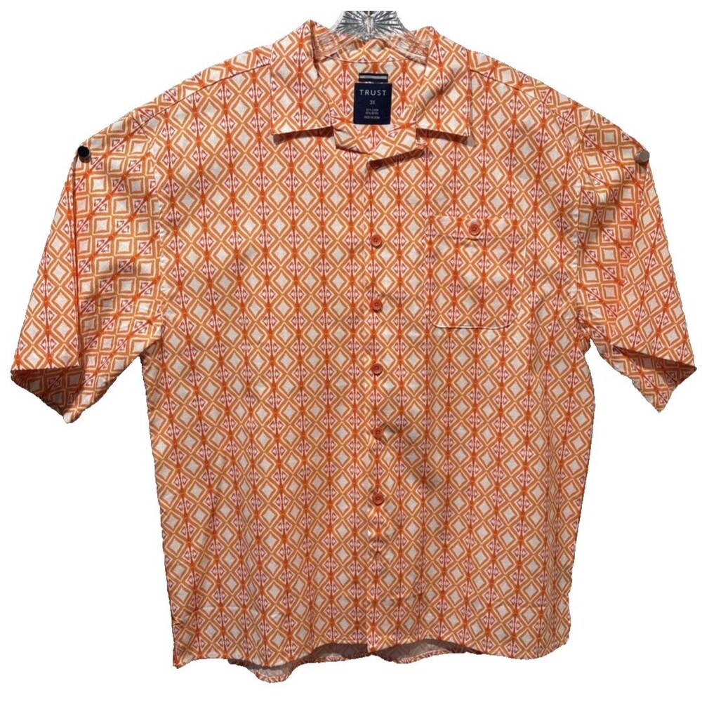 3XL Trust Short Sleeve Camp Shirt Linen Blend Canvas Geometric ORANGE/WHITE